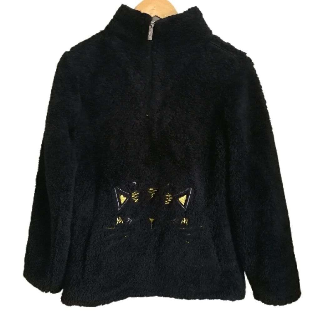 Vie EN ROSE Black Teddy Cosy Warm Cat Embroidery Half Zip Up Sweater Size Small - Picture 2 of 15